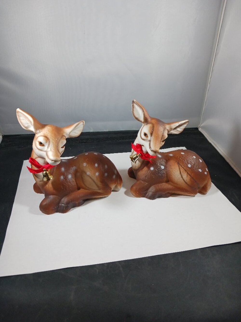 Vintage 2pcs Christmas Porcelain Spotted Deer With Bell Figurine